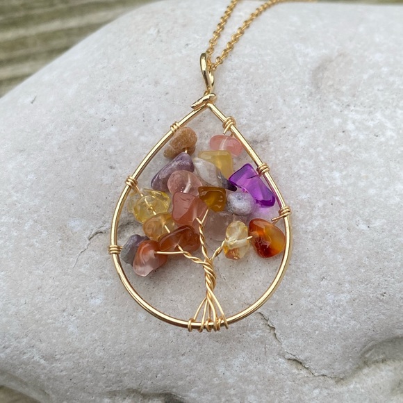 Natural multi stone tree of life wire wrapped necklace stainless steel chain - Picture 2 of 7
